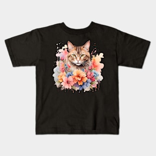 A cat decorated with beautiful watercolor flower Kids T-Shirt